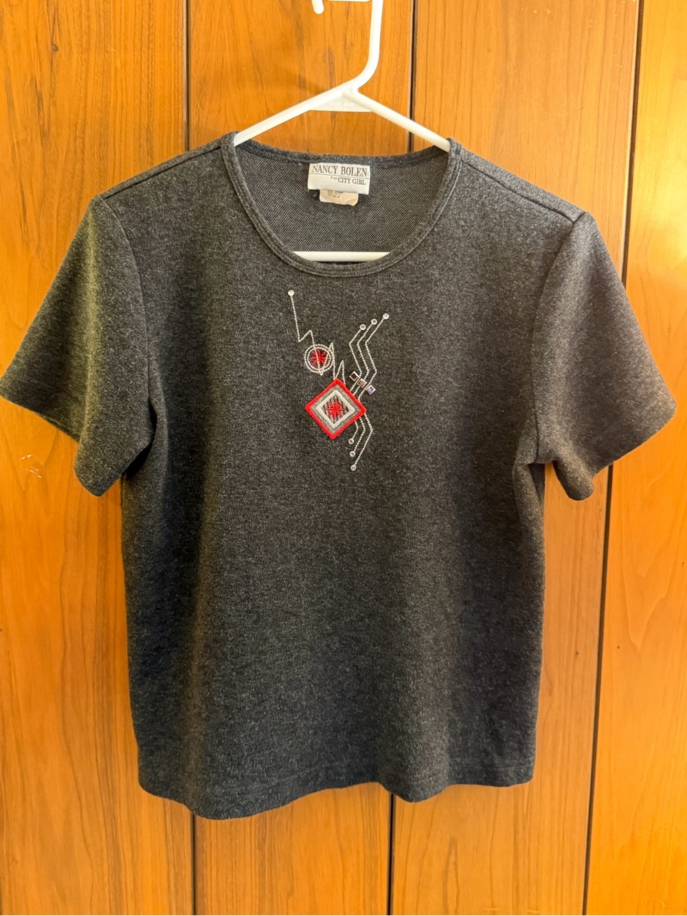 Nancy Bolen Charcoal Gray Short Sleeve Embroidered Tee